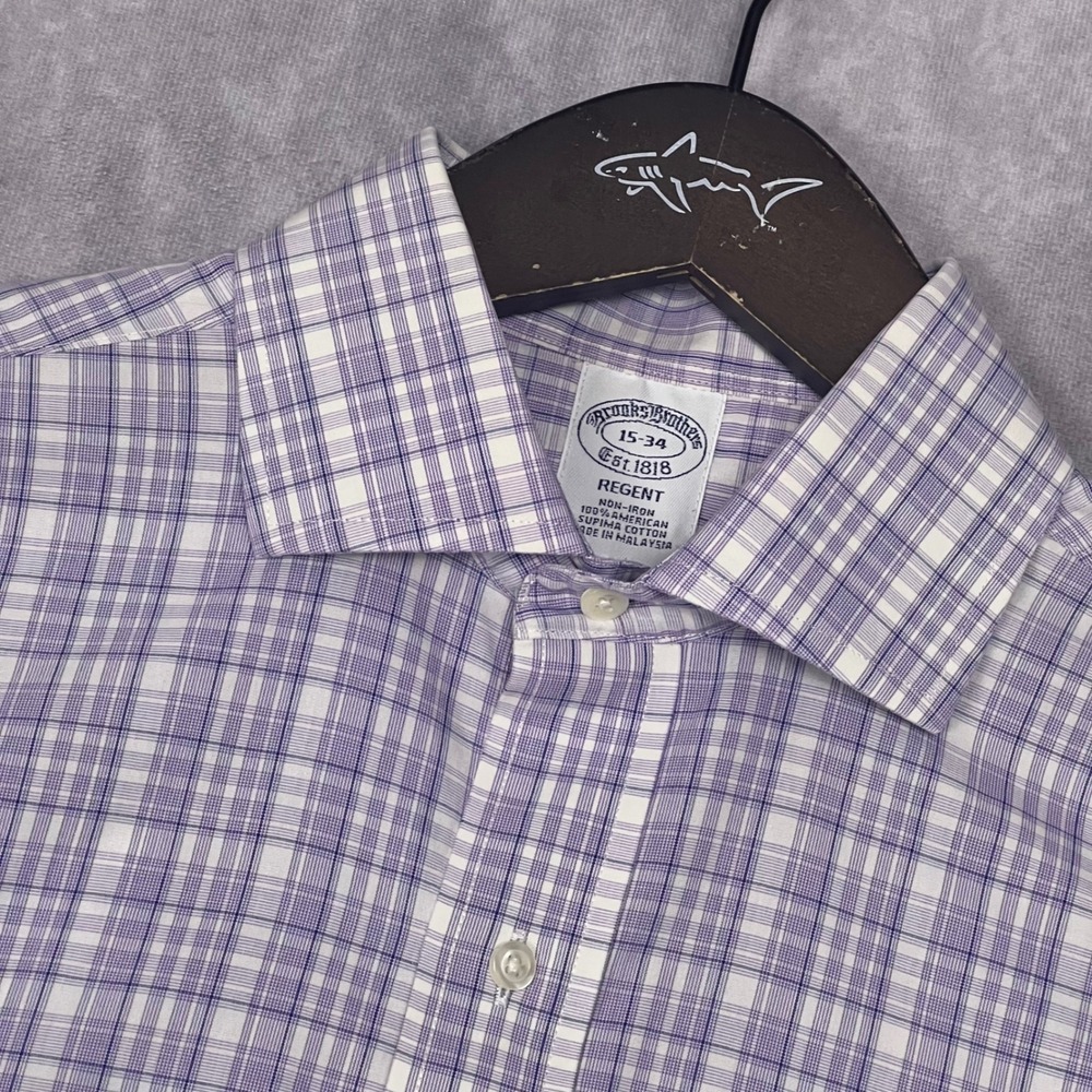 Brooks Brothers Dress Shirt Mens 15-34 Purple Check GOOD Regent Non-Iron Cotton